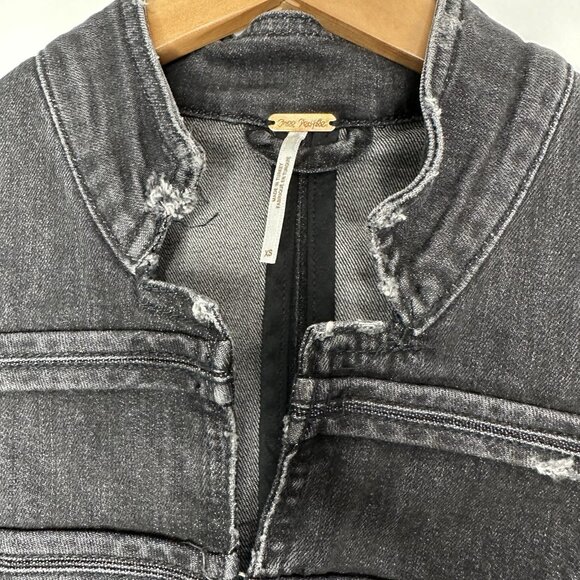 FREE PEOPLE Black Denim Jacket XS Military Distressed Fitted Boho - Picture 4 of 15
